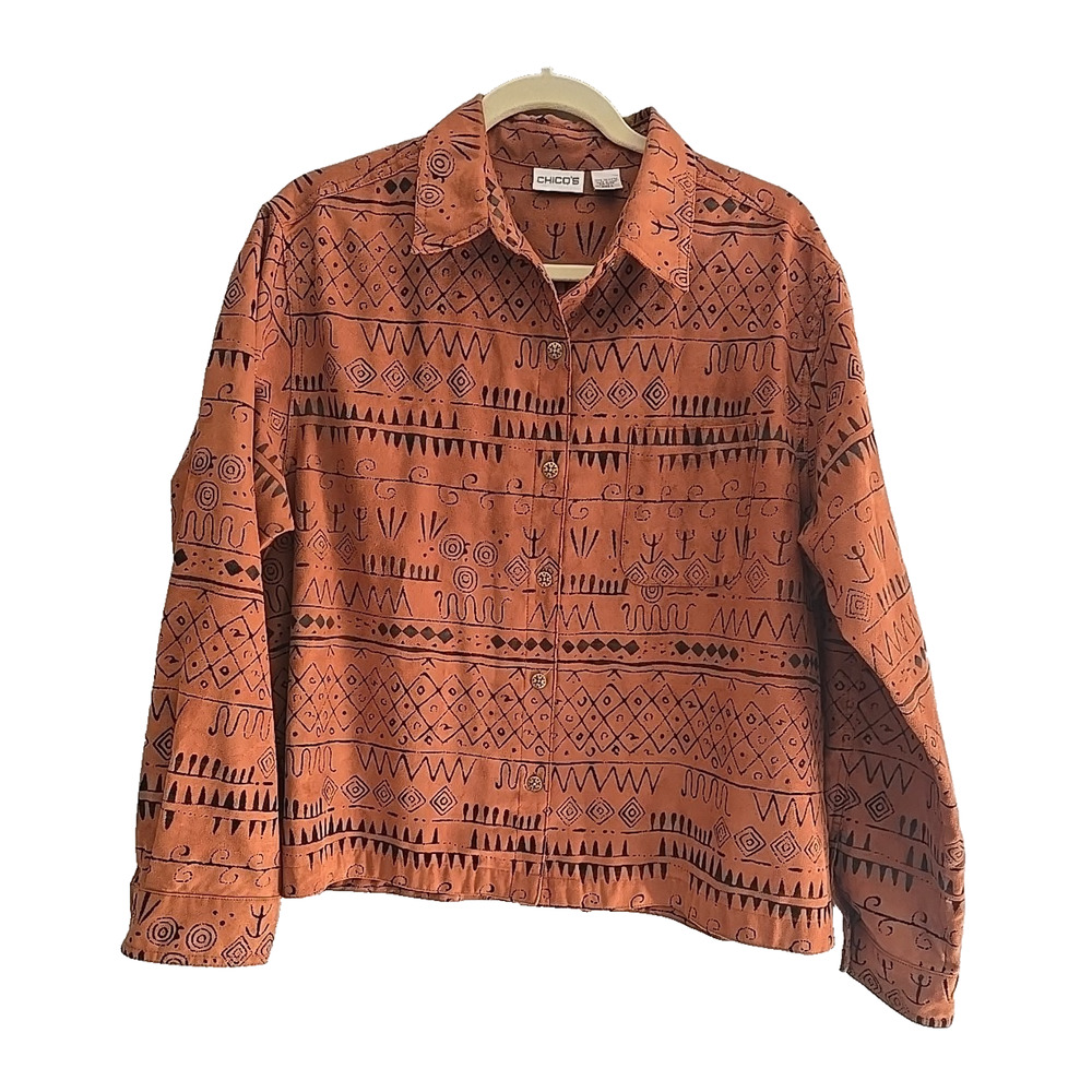 Chico's Brown Southwestern Aztec Long Sleeve Button‎ Down Shirt Womans Size Lg